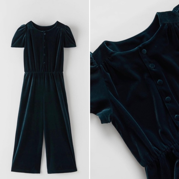 Zara Kids Teal Velvet Buttoned Jumpsuit — Size 13/14 Girls - Picture 1 of 6
